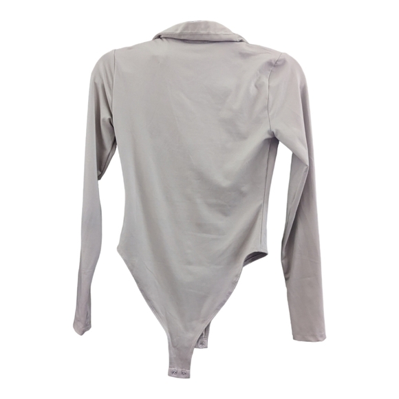 Forever 21 taupe collared deep v-neck long sleeve bodysuit, size Small - Picture 2 of 4